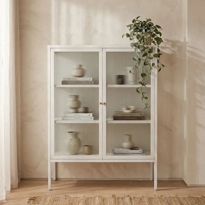 Flutelle Warm White Metal and Fluted Glass Door Cabinet