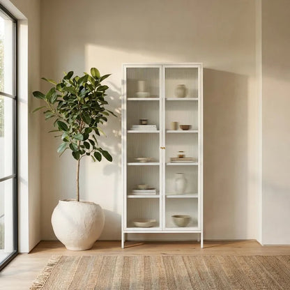 Flutelle Warm White Metal Fluted Glass Door Tall Cabinet