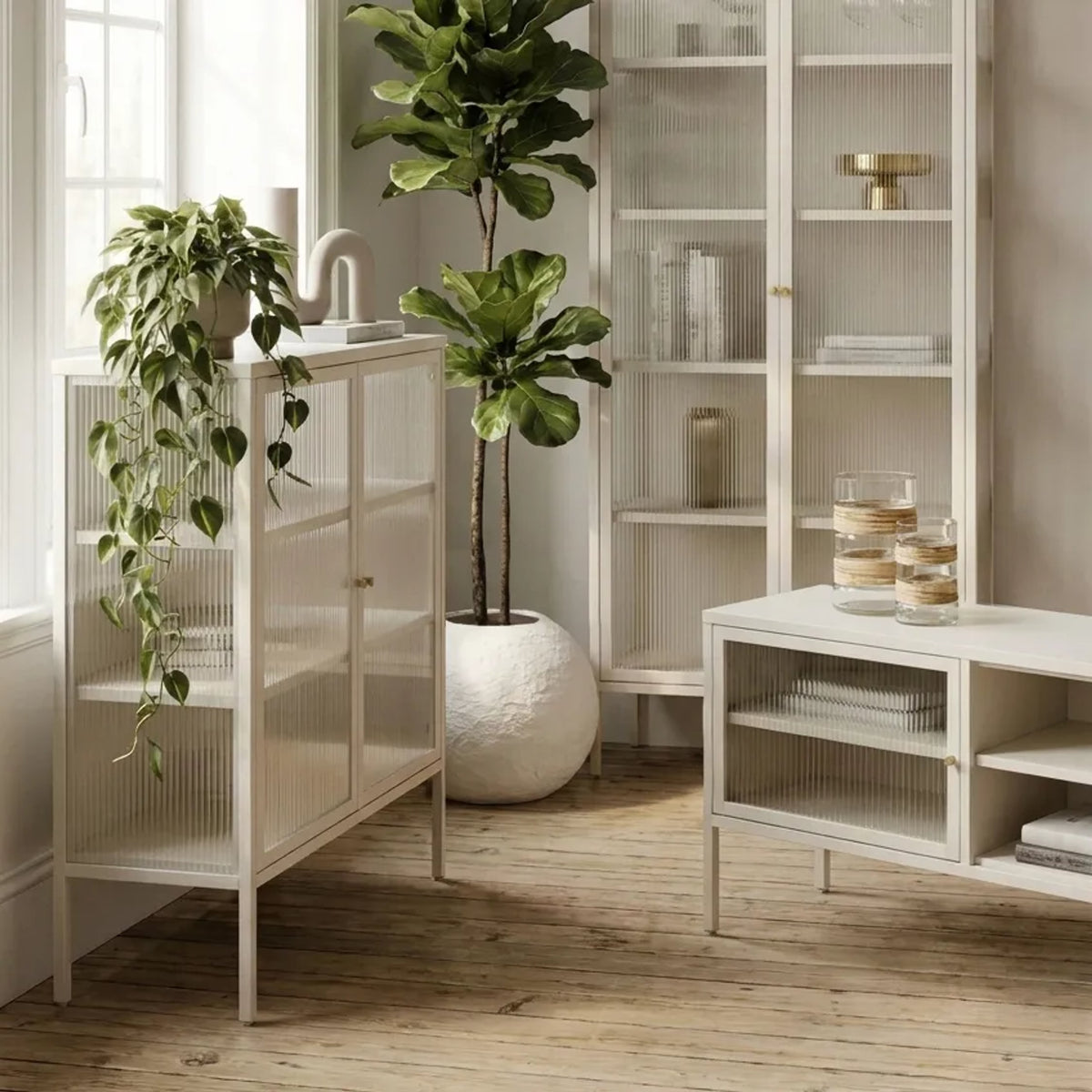 Flutelle Warm White Metal Fluted Glass Door Tall Cabinet