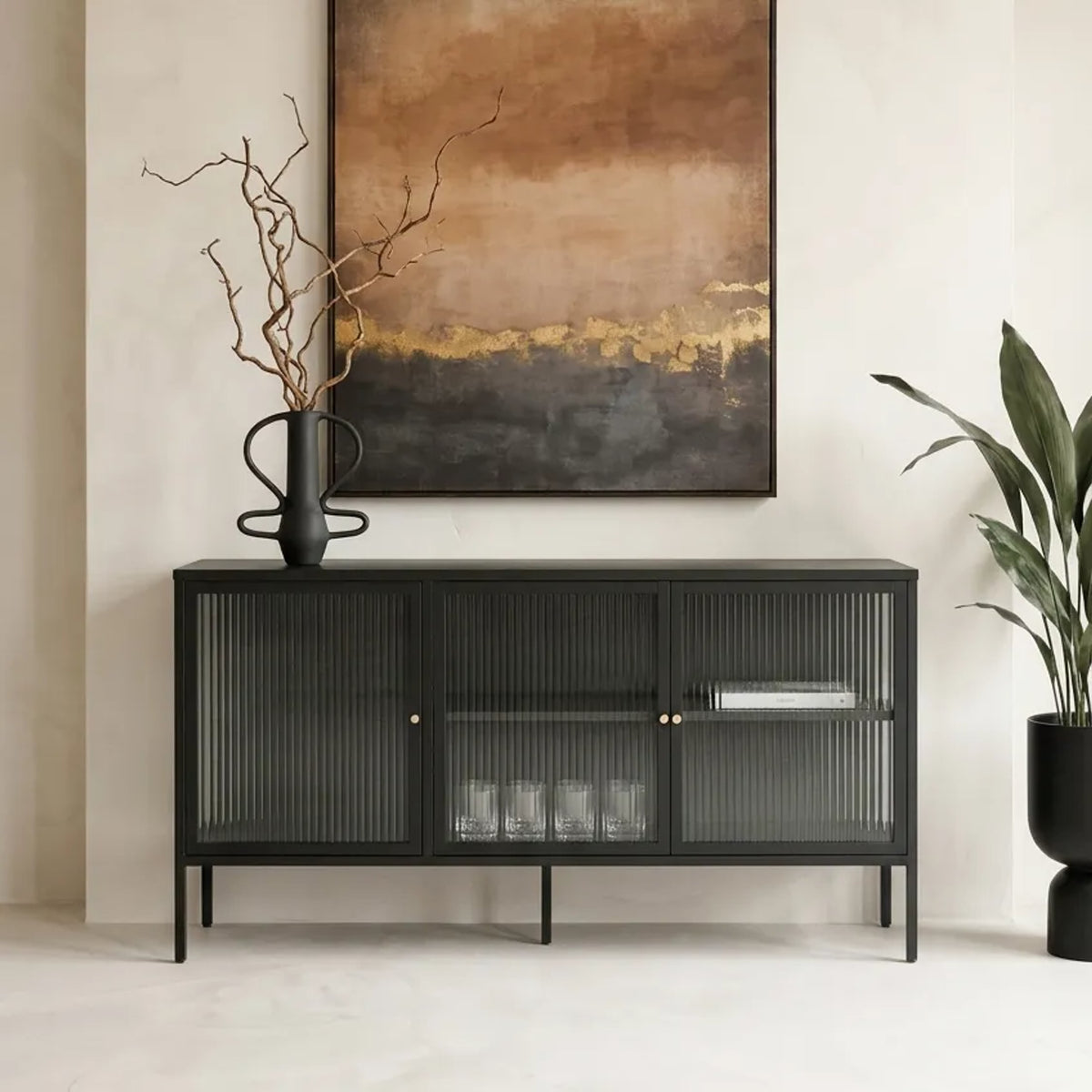 Flutelle Black Metal and Fluted Glass Door Sideboard