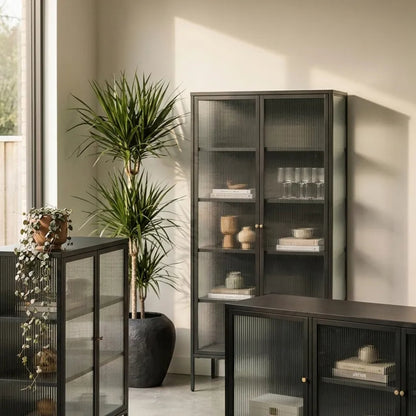 Flutelle Black Metal and Fluted Glass Door Sideboard