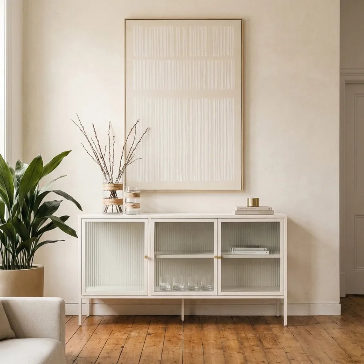 Flutelle Warm White Metal Fluted Glass Door Sideboard