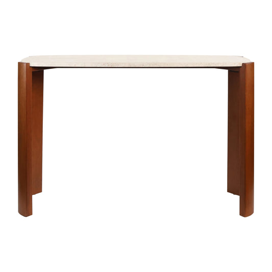 Iberia Travertine Top and Brown Acacia Wood Console Table