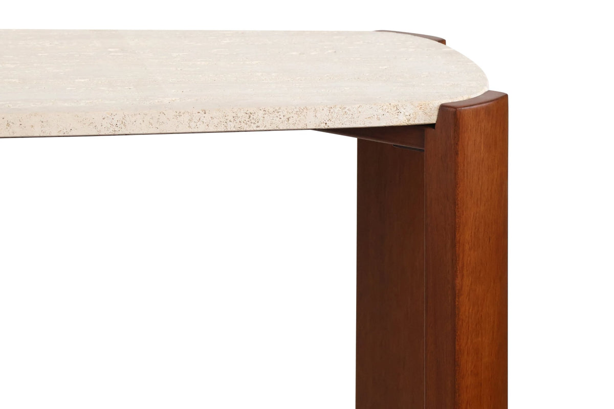 Iberia Travertine Top and Brown Acacia Wood Console Table