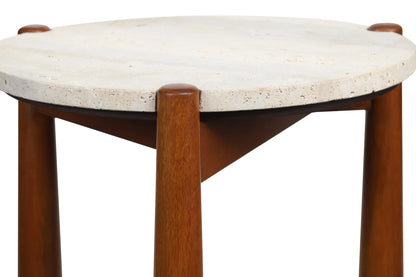Marlstone Travertine Top and Brown Finish Mango Wood Side Table