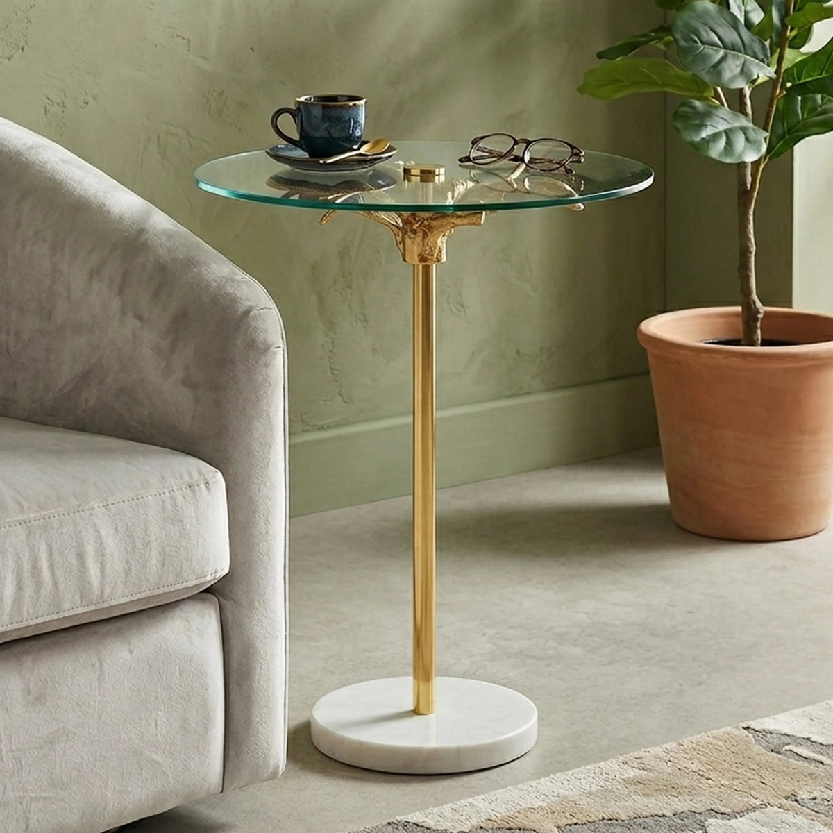 Ginkgo Glass Gold Leaf Design Round Side Table