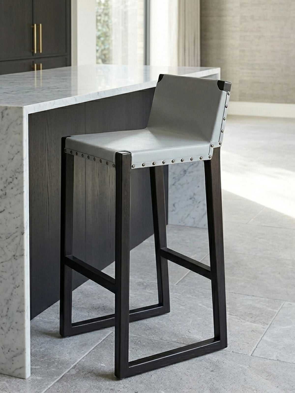 Sumatra Grey Leather Bar Chair with Black Wooden Legs