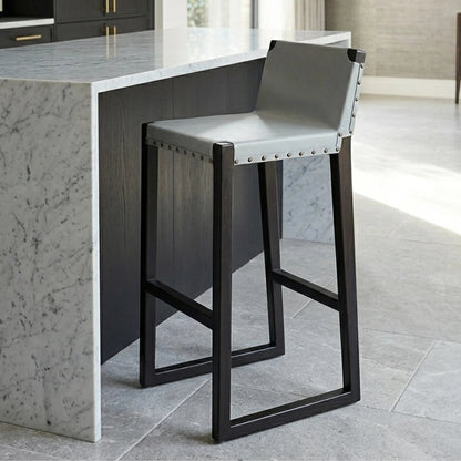 Sumatra Grey Leather Bar Chair with Black Wooden Legs