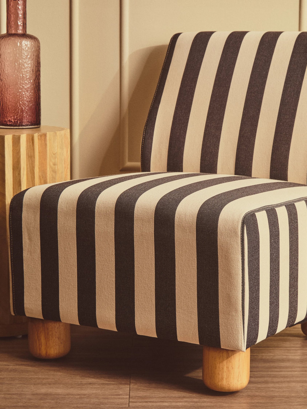 Bexley Black and White Stripe Armless Chair with Wooden Feet