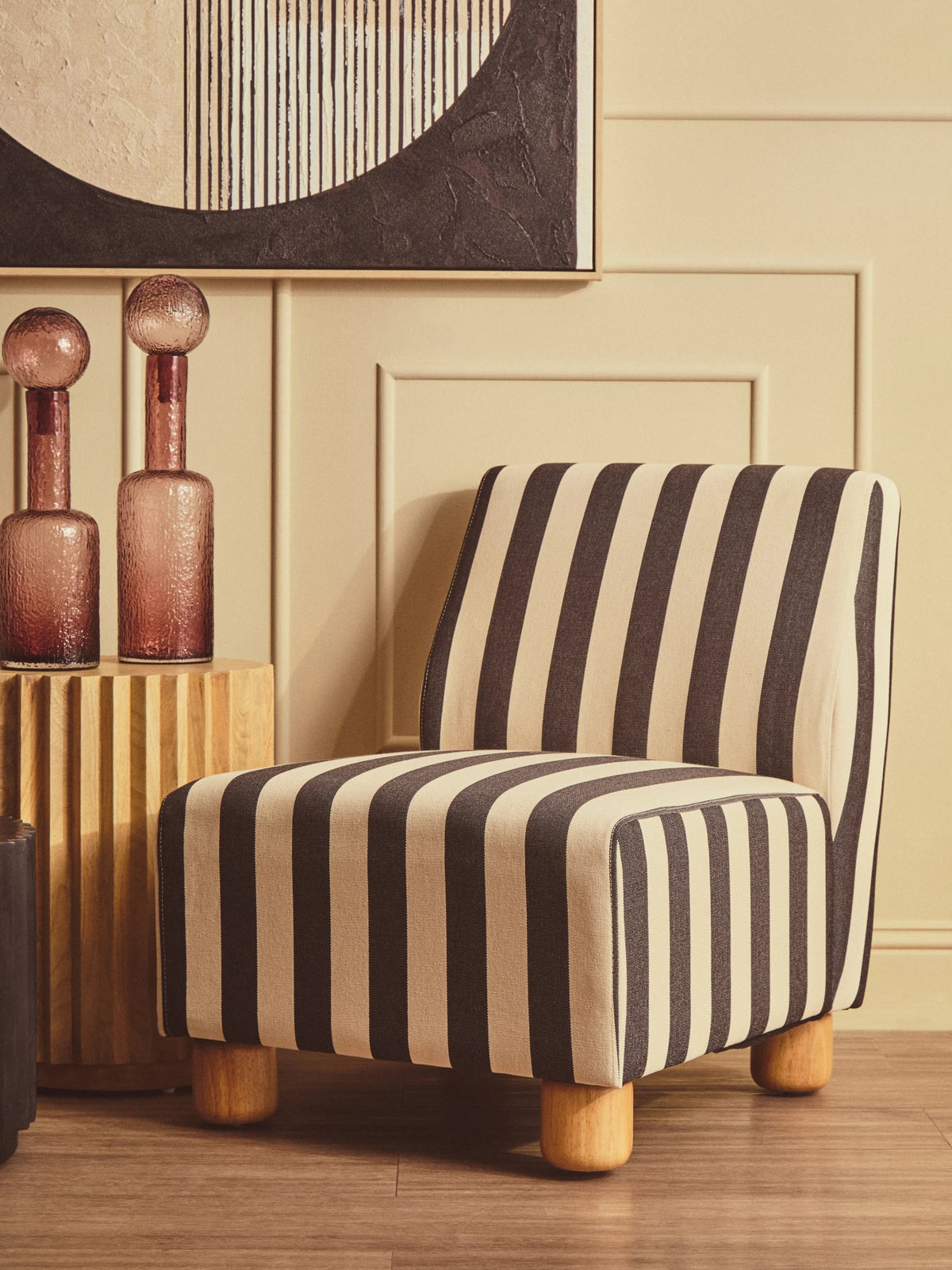 Bexley Black and White Stripe Armless Chair with Wooden Feet