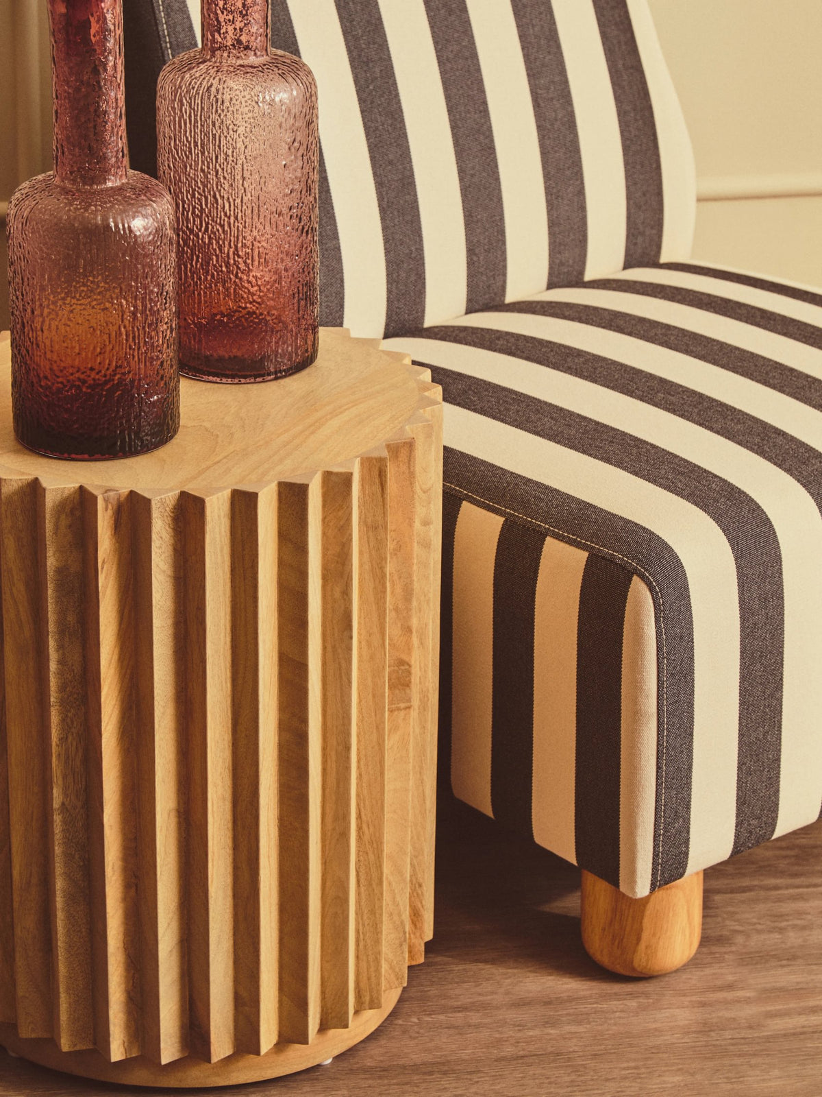 Bexley Black and White Stripe Armless Chair with Wooden Feet