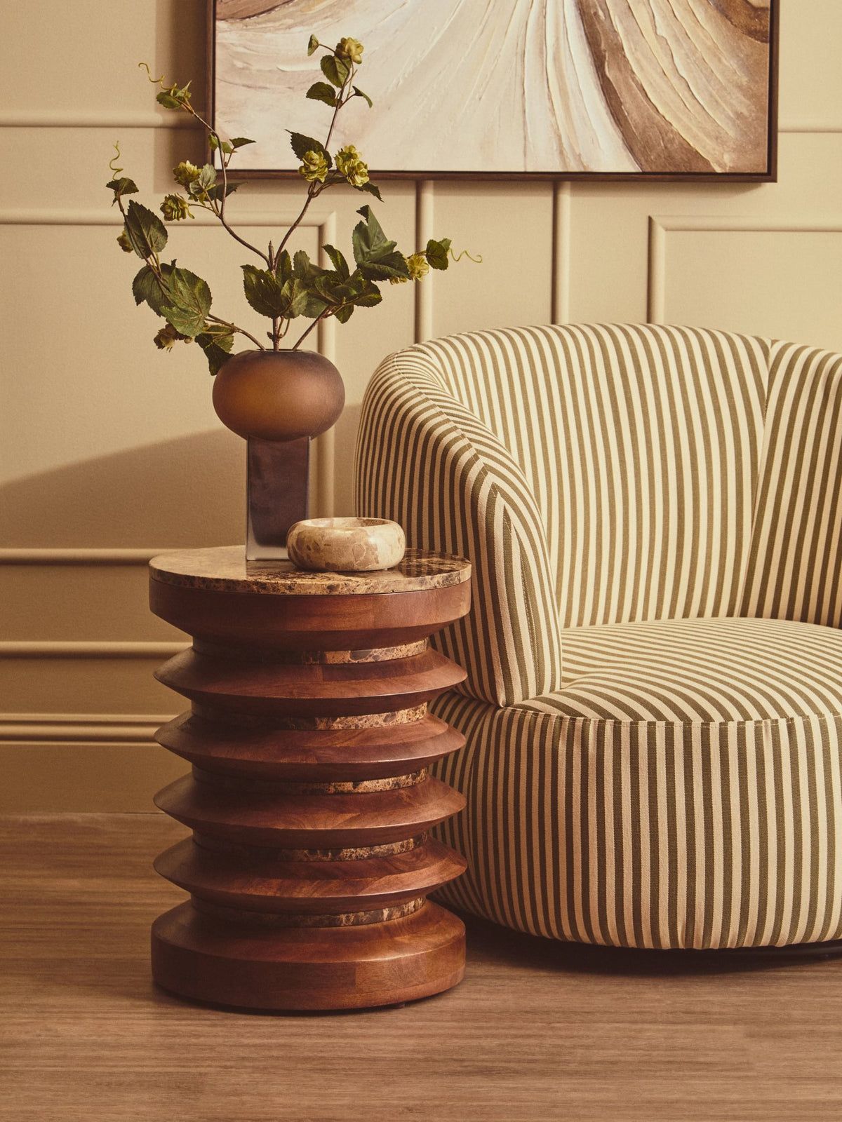 Avella Olive Green and White Stripe Swivel Lounge Chair
