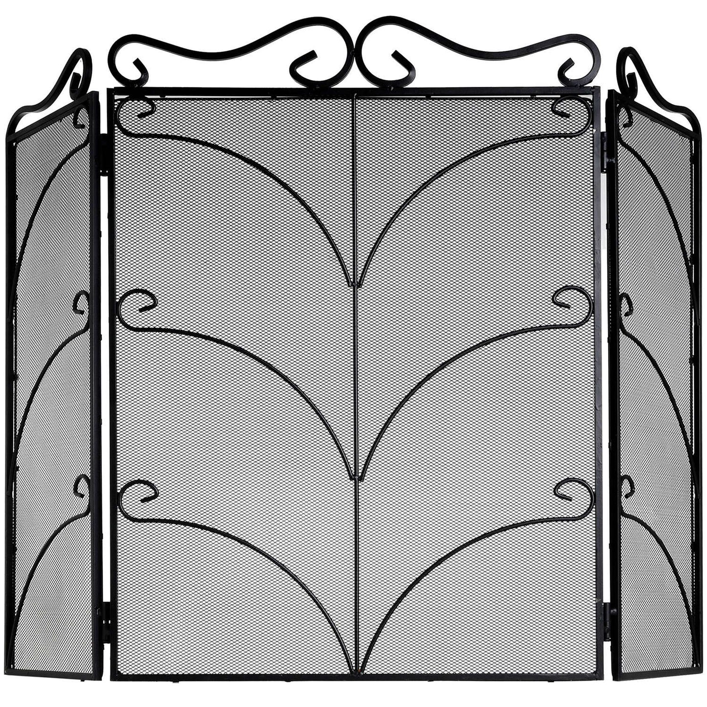 Large black ornate fire screen with intricate detailing, providing robust protection and elegant design for fireside safety.