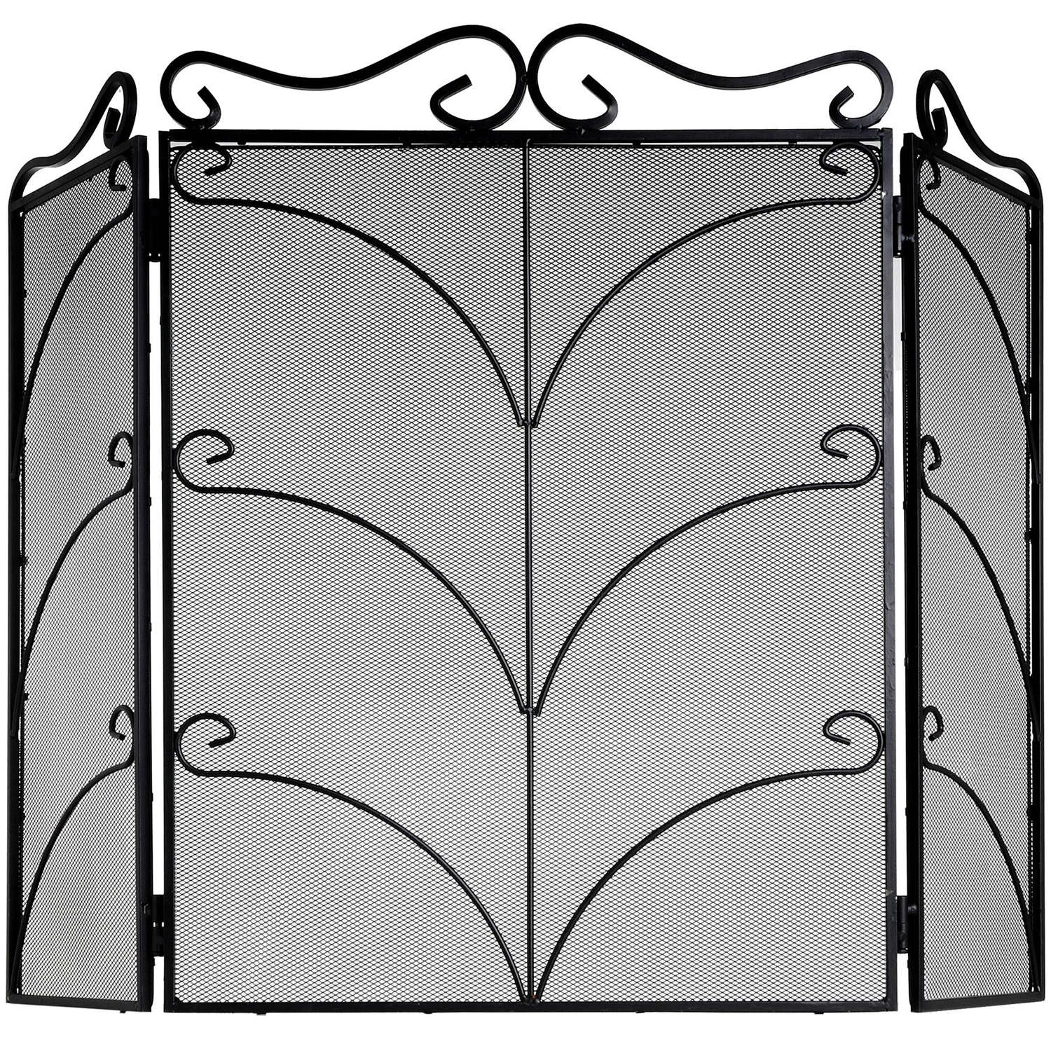 Large black ornate fire screen with intricate detailing, providing robust protection and elegant design for fireside safety.