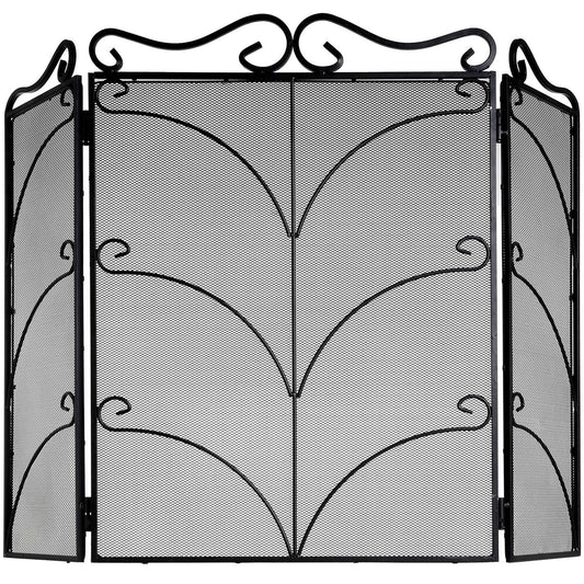 Large black ornate fire screen with intricate detailing, providing robust protection and elegant design for fireside safety.