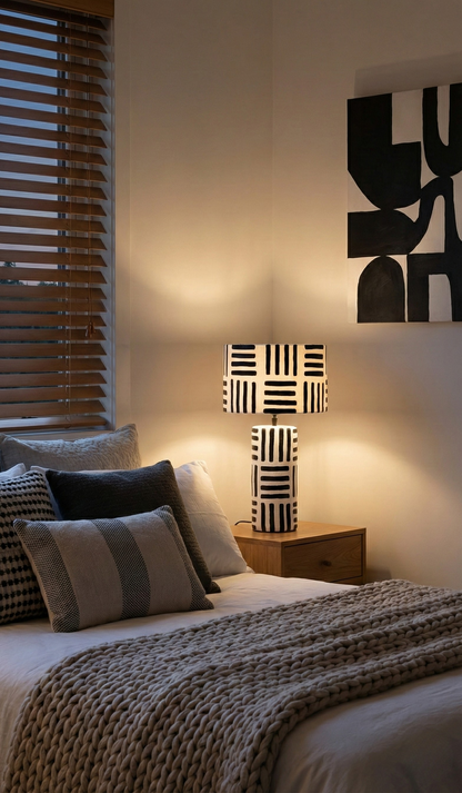 Vellum Black And White Papier Mache Table Lamp with Geometric Lines