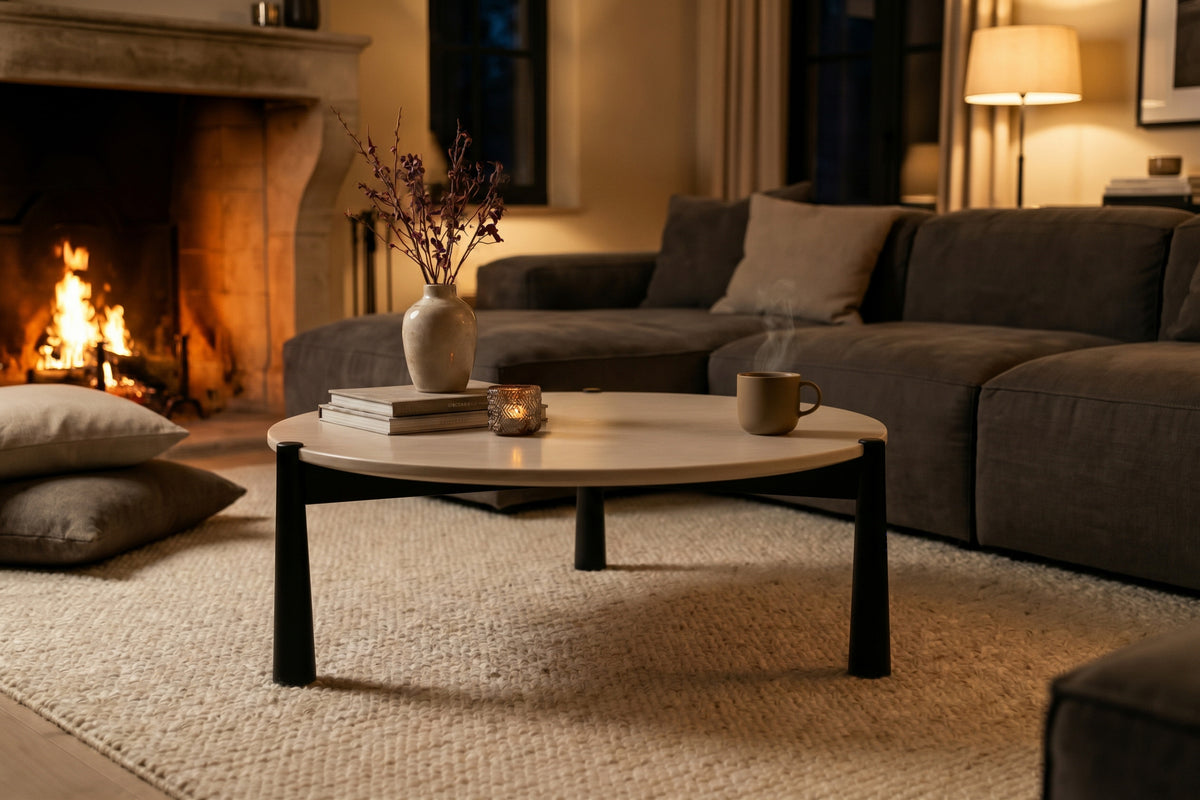 Marlstone Cream Marble Top and Black Mango Wood Coffee Table