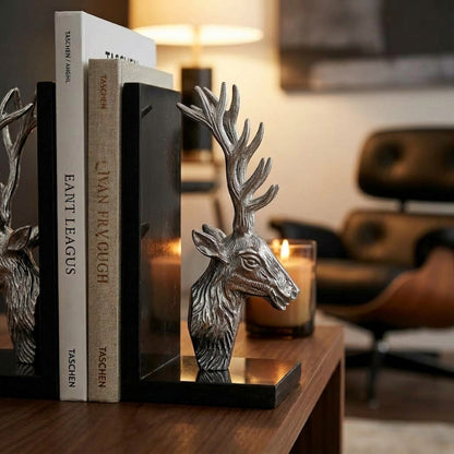 Keepsake Set of 2 Stag Bookends with Marble Base