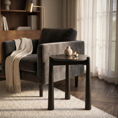 Marlstone Black and White Marble Top Side Table with Mango Wood Legs