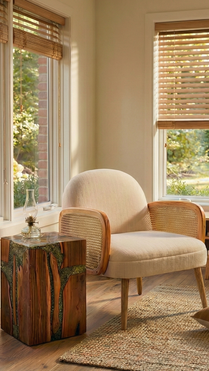 Lotus Teak Wood and Resin Side Table and Stool