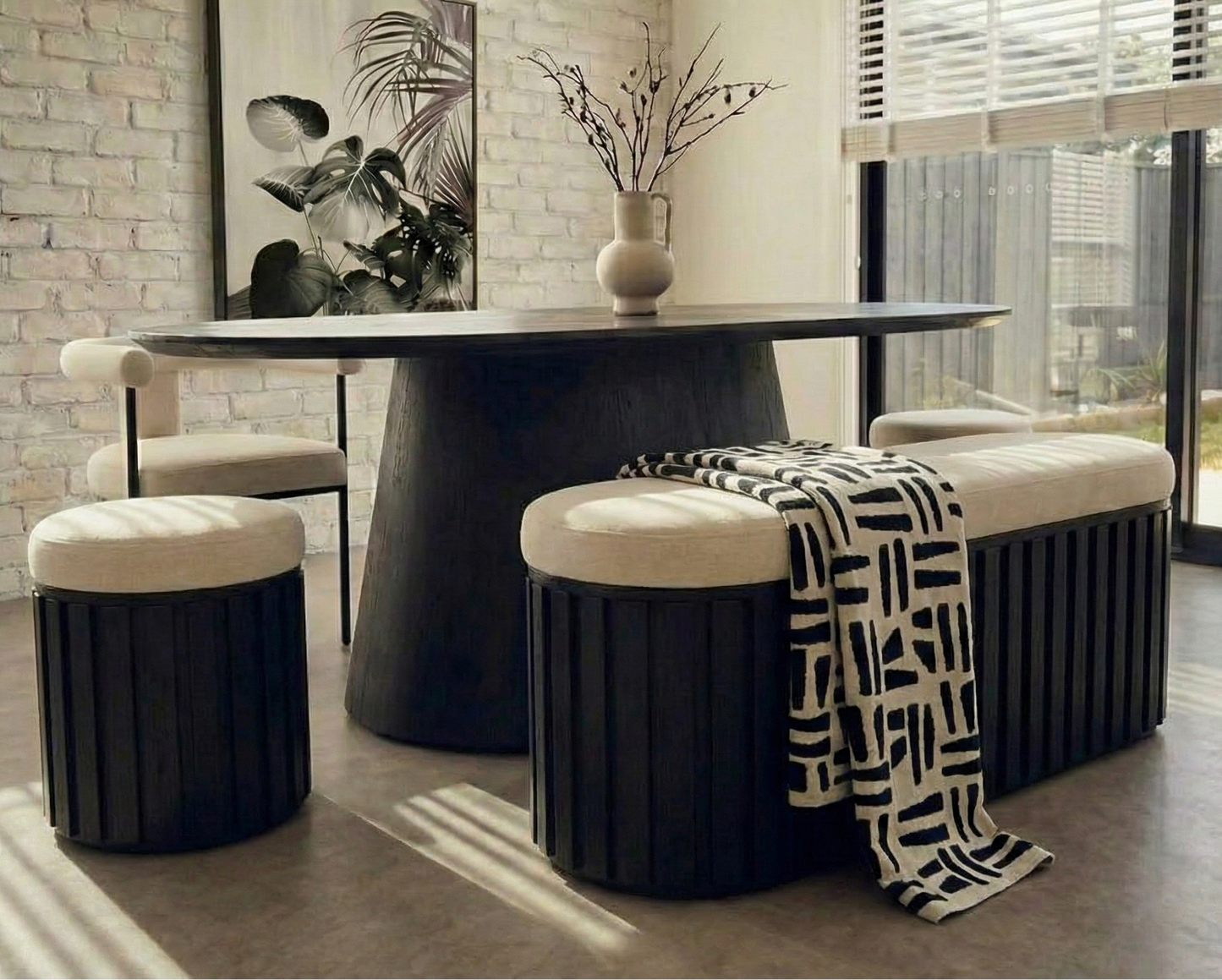 Sicily Black Mango Wood and Cream Linen Stool