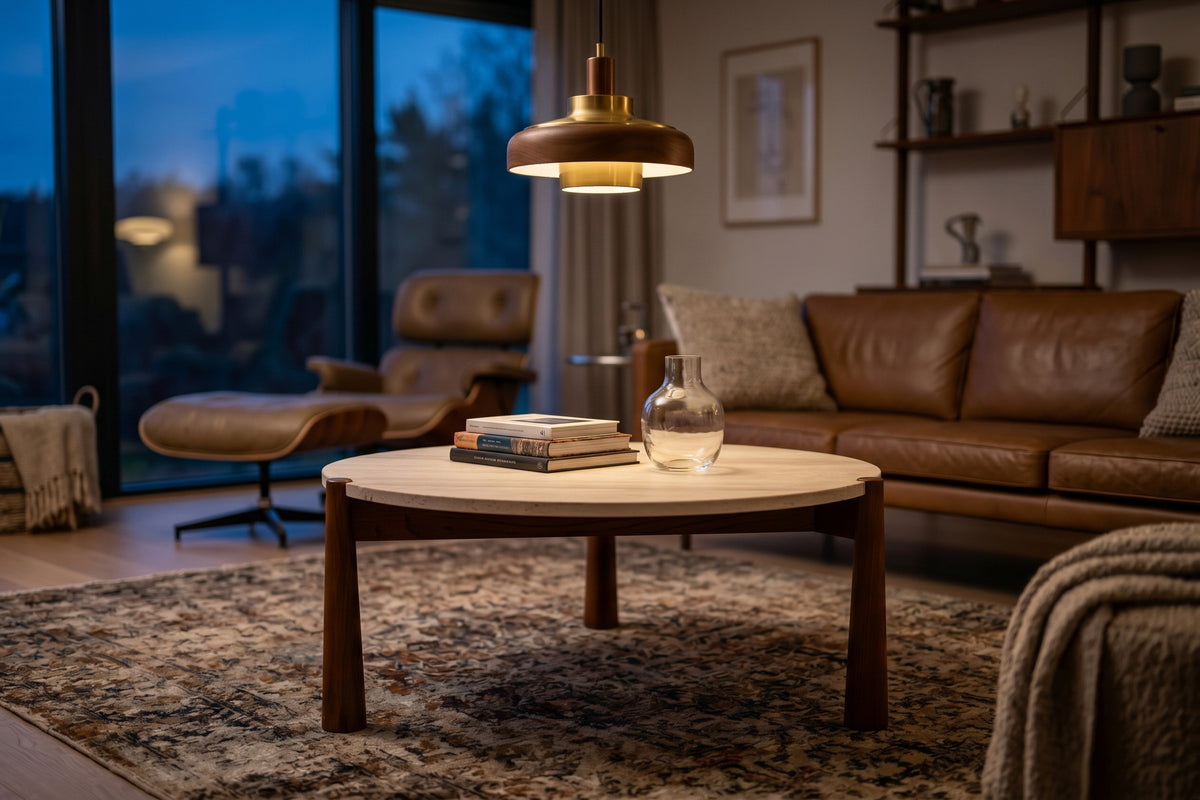 Marlstone Travertine Top and Brown Finish Mango Wood Coffee Table
