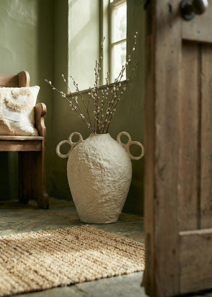 Vessel Cotton Mache Large Vase With Decorative Handles