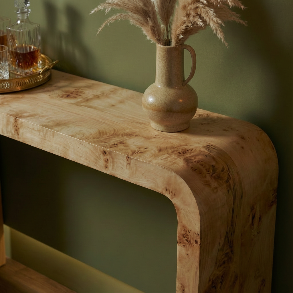 Sequoia Burl Wood Design Curved Console Table