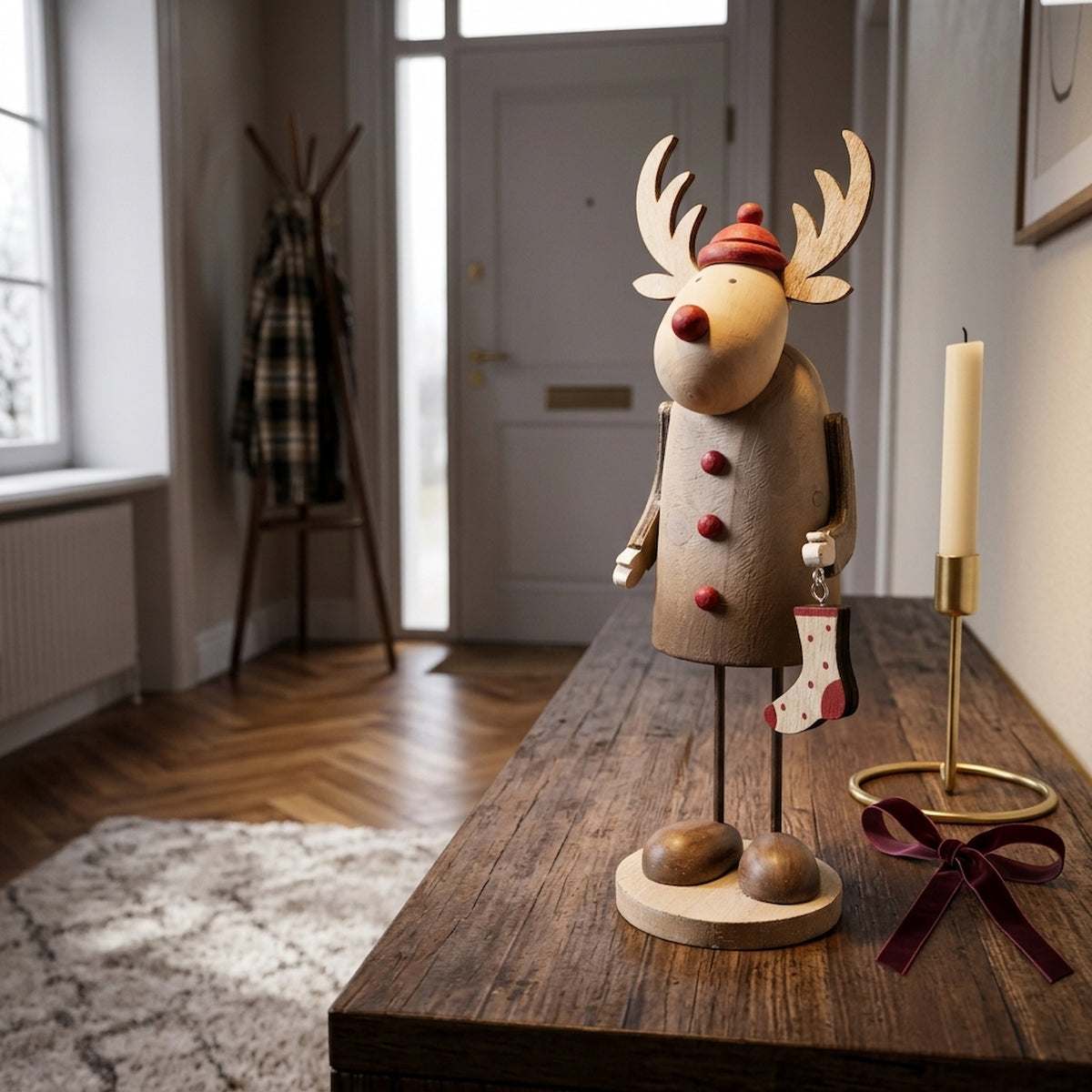 Large Rustic Rudolf With Stocking Decoration
