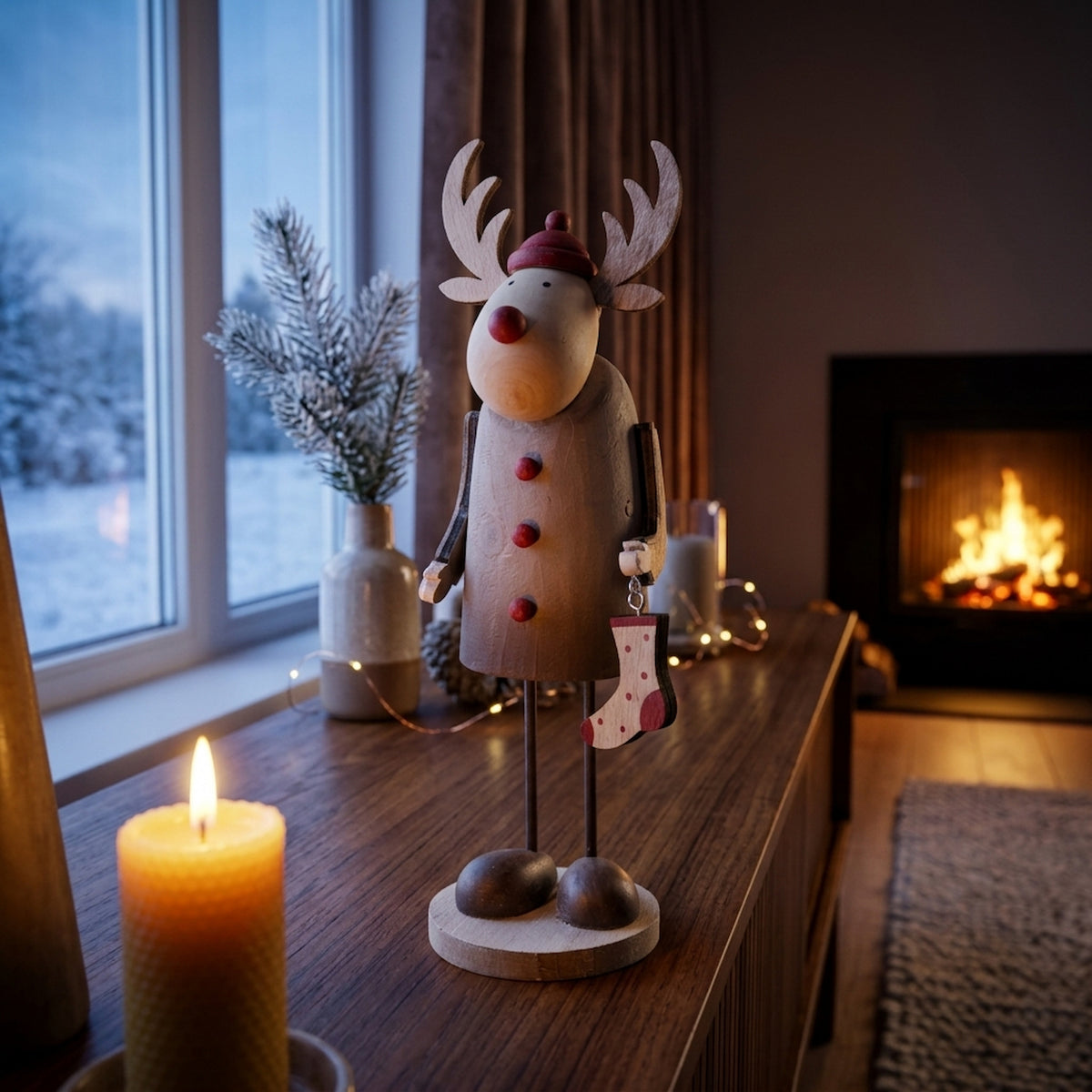 Large Rustic Rudolf With Stocking Decoration