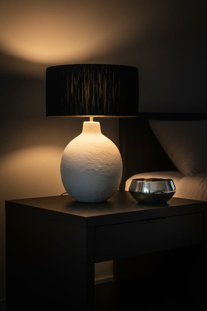 Vellum White Papier Mache Table Lamp With Black Raffia Shade