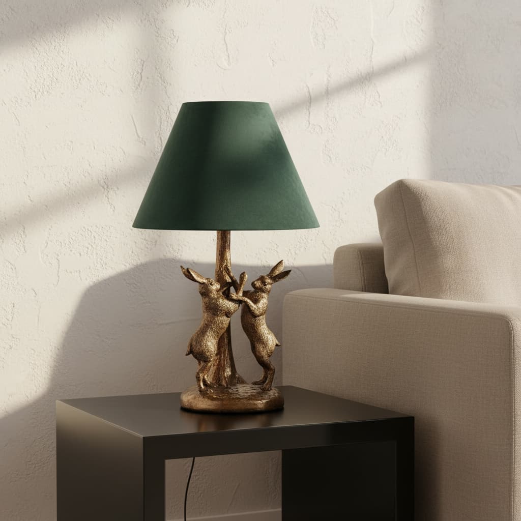 Antique Gold Marching Hares Lamp With Green Velvet Shade