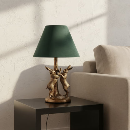 Antique Gold Marching Hares Lamp With Green Velvet Shade