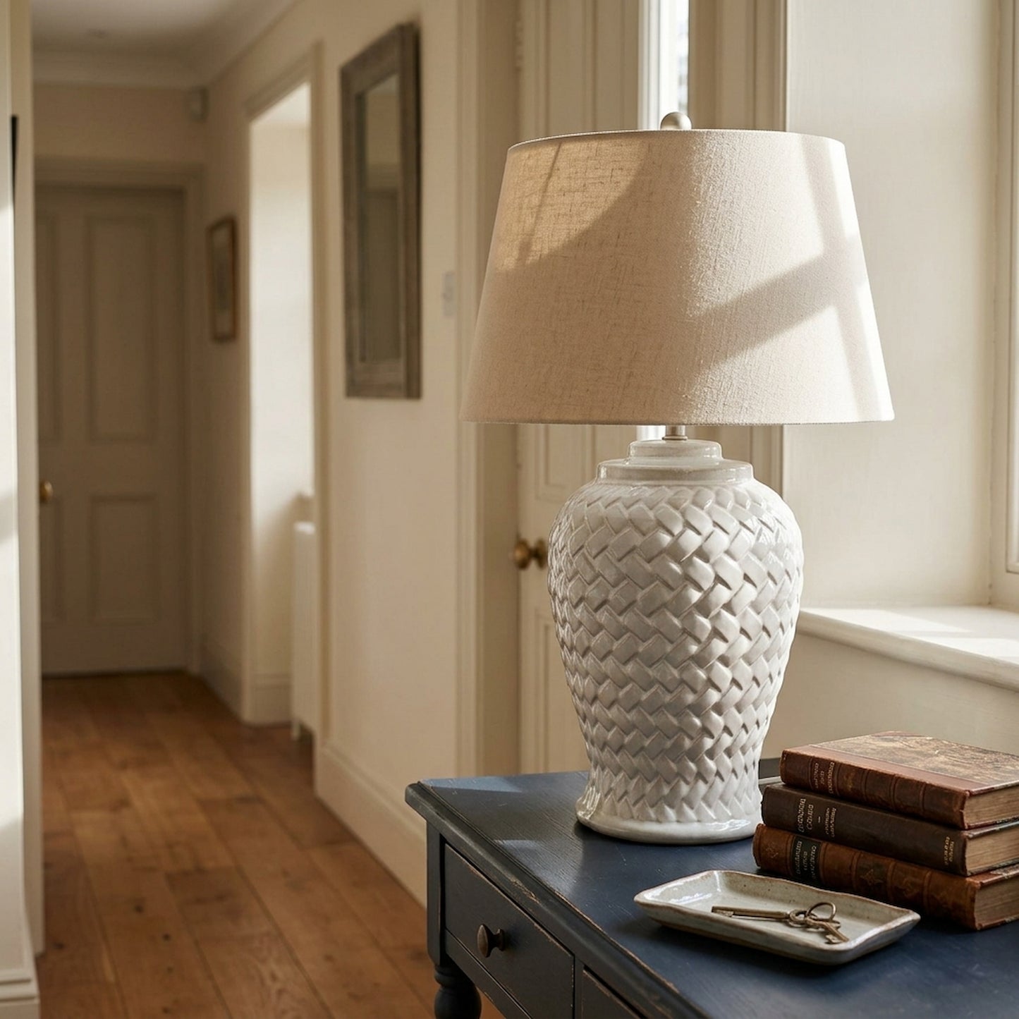 Woven Ceramic Table Lamp With Linen Shade