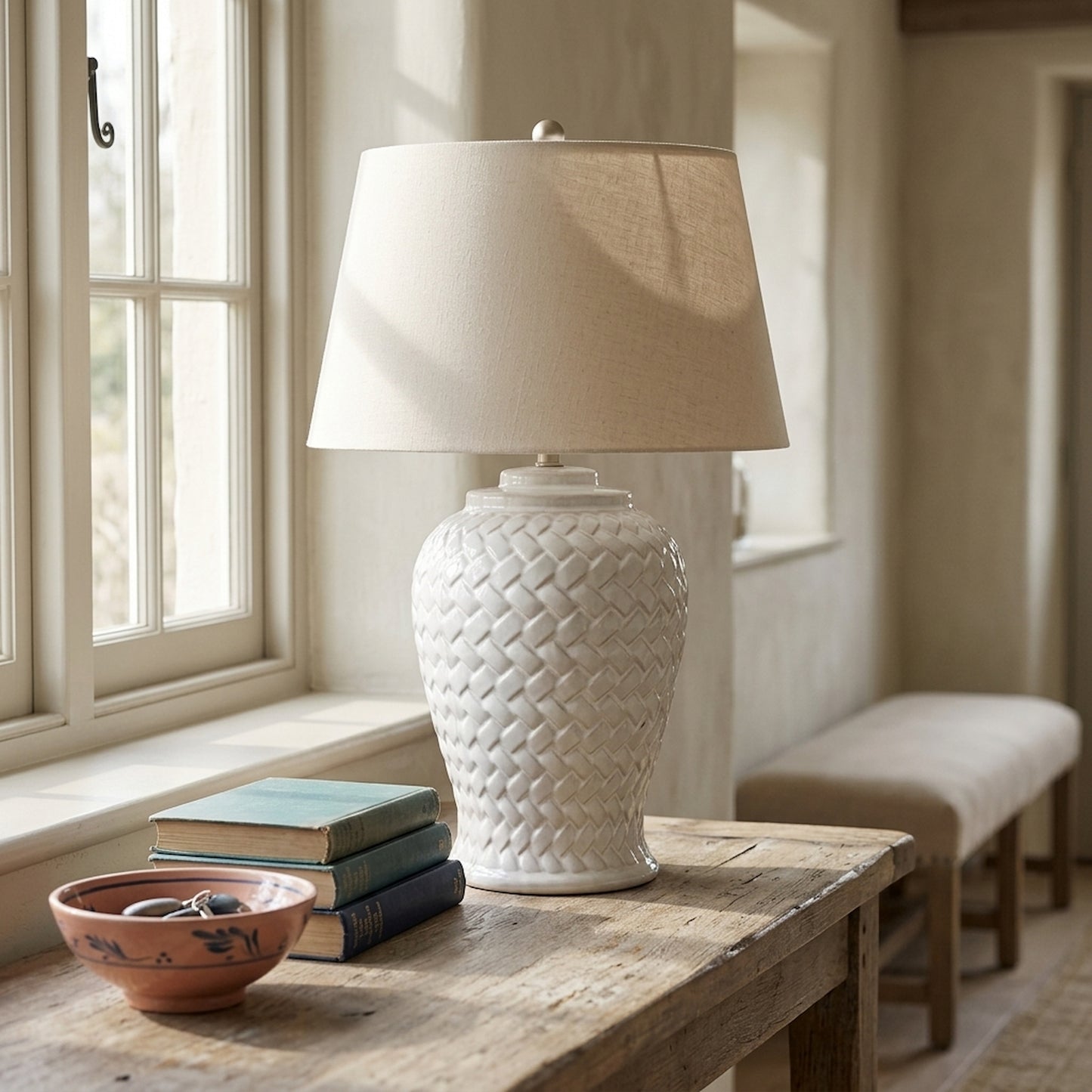 Woven Ceramic Table Lamp With Linen Shade
