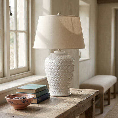 Woven Ceramic Table Lamp With Linen Shade