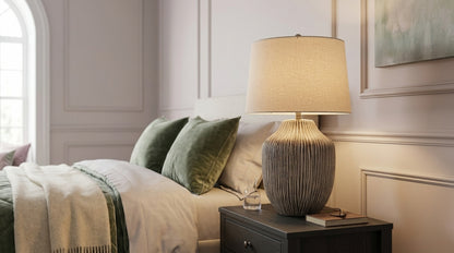 Ochre Carved Textured Table Lamp With Linen Shade