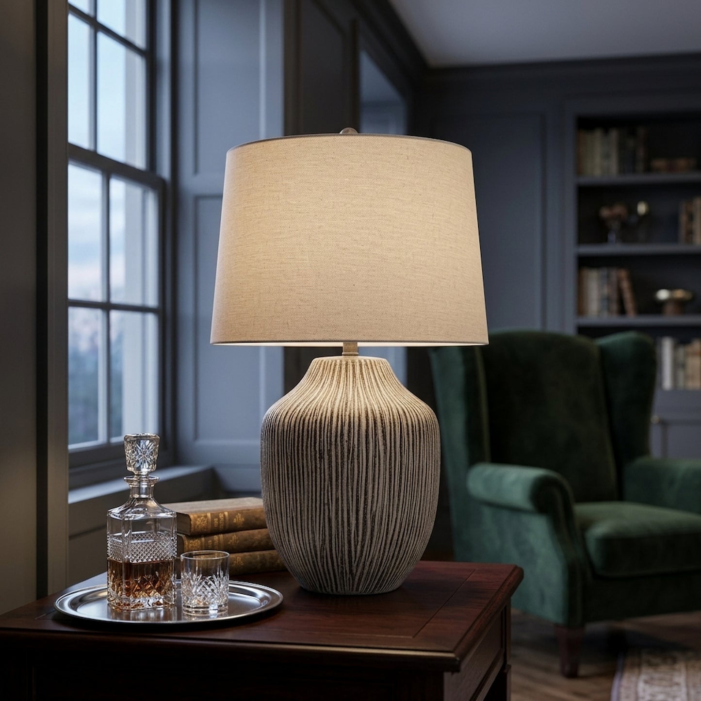 Ochre Carved Textured Table Lamp With Linen Shade