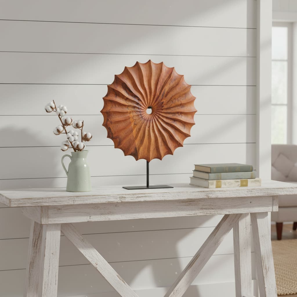 Compass Brown Wood Round Sculpture With Black Base