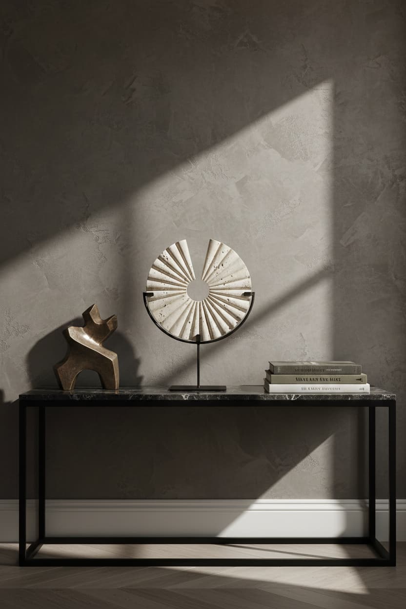 Roman Travertine Disc Sculpture with Black Metal Base