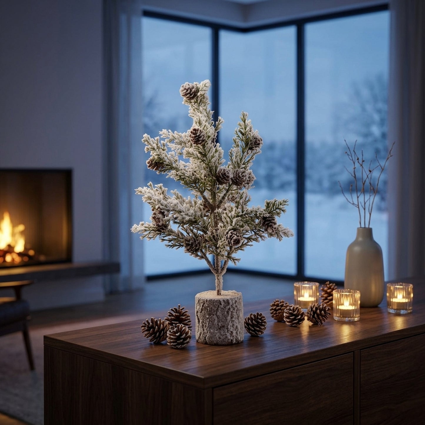 Small Snowy Fir Tree With Pinecones In Wood Log