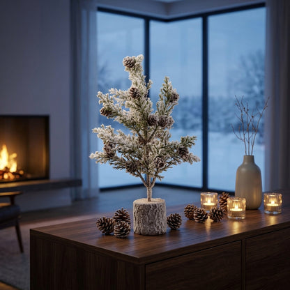 Small Snowy Fir Tree With Pinecones In Wood Log