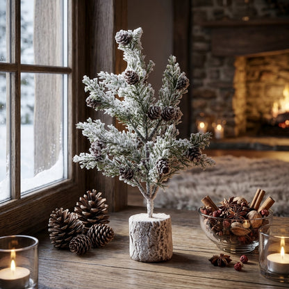 Small Snowy Fir Tree With Pinecones In Wood Log