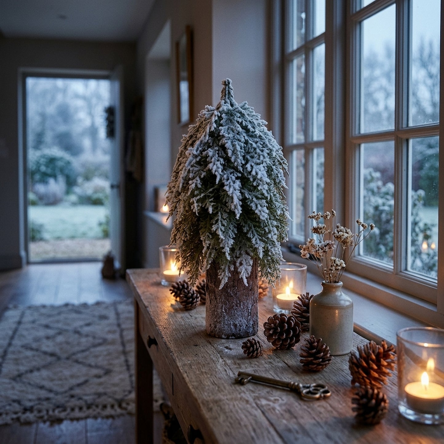 Small Snowy Fir Tree On Tall Wood Log