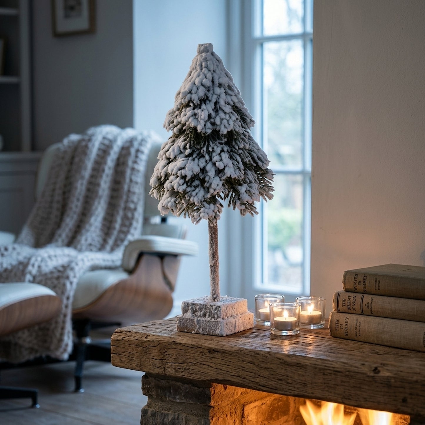 Small Snowy Cedar Tree On Wood Block