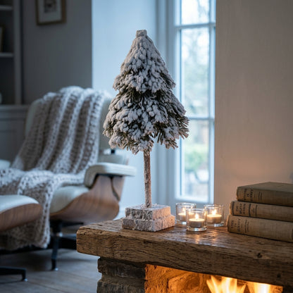 Small Snowy Cedar Tree On Wood Block