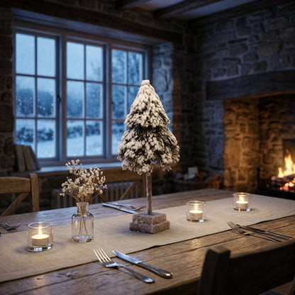 Small Snowy Cedar Tree On Wood Block