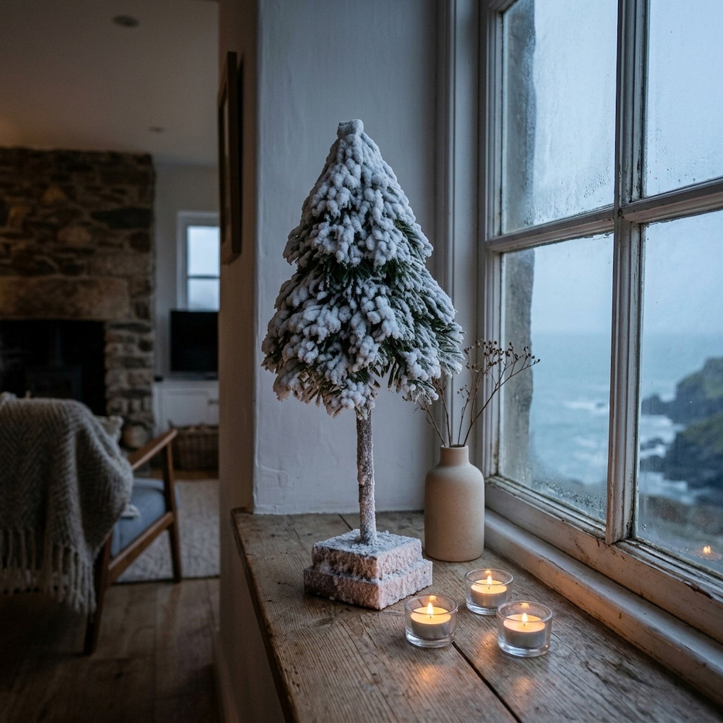 Small Snowy Cedar Tree On Wood Block