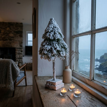 Small Snowy Cedar Tree On Wood Block