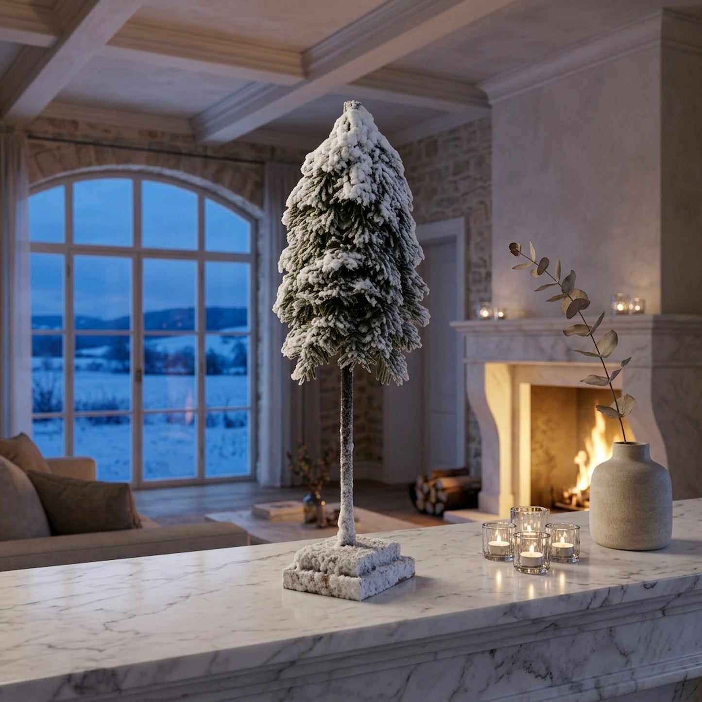Medium Snowy Cedar Tree On Wood Block